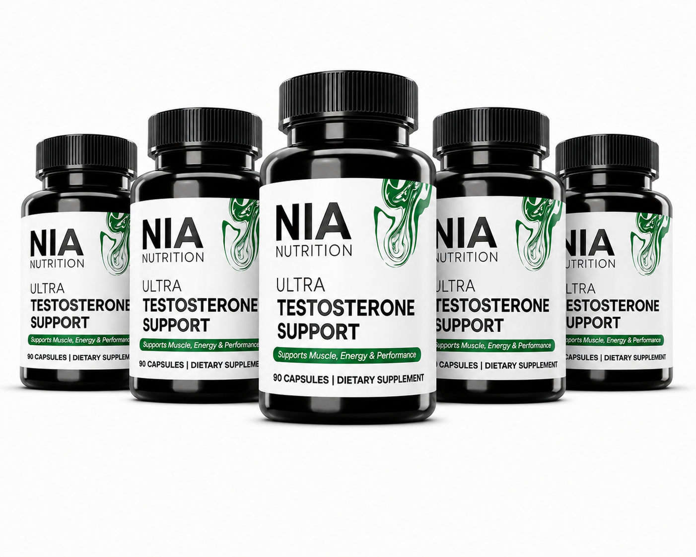 Nia Nutrition Ultra Testosterone Support supplement bottle, Testosterone Booster for men, on a clean, natural background. Close-up shot of the natural, vegan capsules from Nia Nutrition Ultra Testosterone Support. 5 PACK Bottles