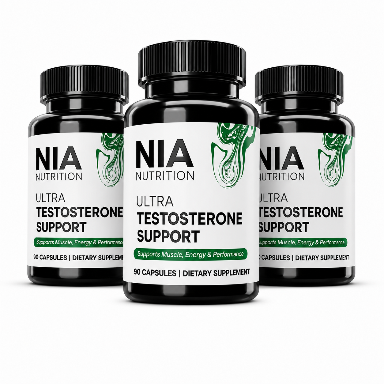 Nia Nutrition Ultra Testosterone Support supplement bottle, Testosterone Booster for men. Close-up shot of the natural, vegan capsules from Nia Nutrition Ultra Testosterone Support. 3 PACK Bottles.