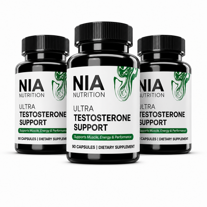 Nia Nutrition Ultra Testosterone Support supplement bottle, Testosterone Booster for men. Close-up shot of the natural, vegan capsules from Nia Nutrition Ultra Testosterone Support. 3 PACK Bottles.