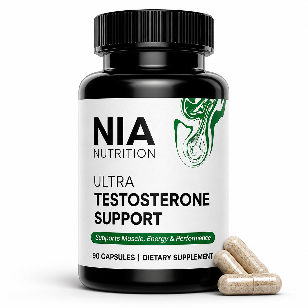 Nia Nutrition Ultra Testosterone Support supplement bottle, Testosterone Booster for men, on a clean, natural background.