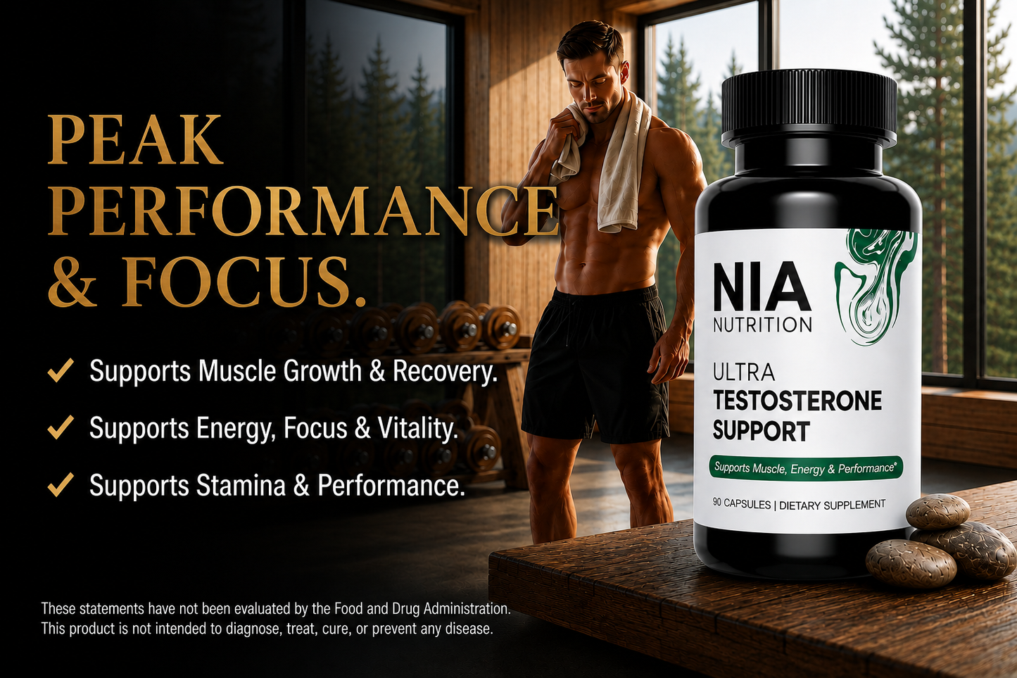 Nia Nutrition Ultra Testosterone Support bottle with infographic displaying the daily performance benefits of Nia Nutrition, including optimized strength, energy, and vitality.