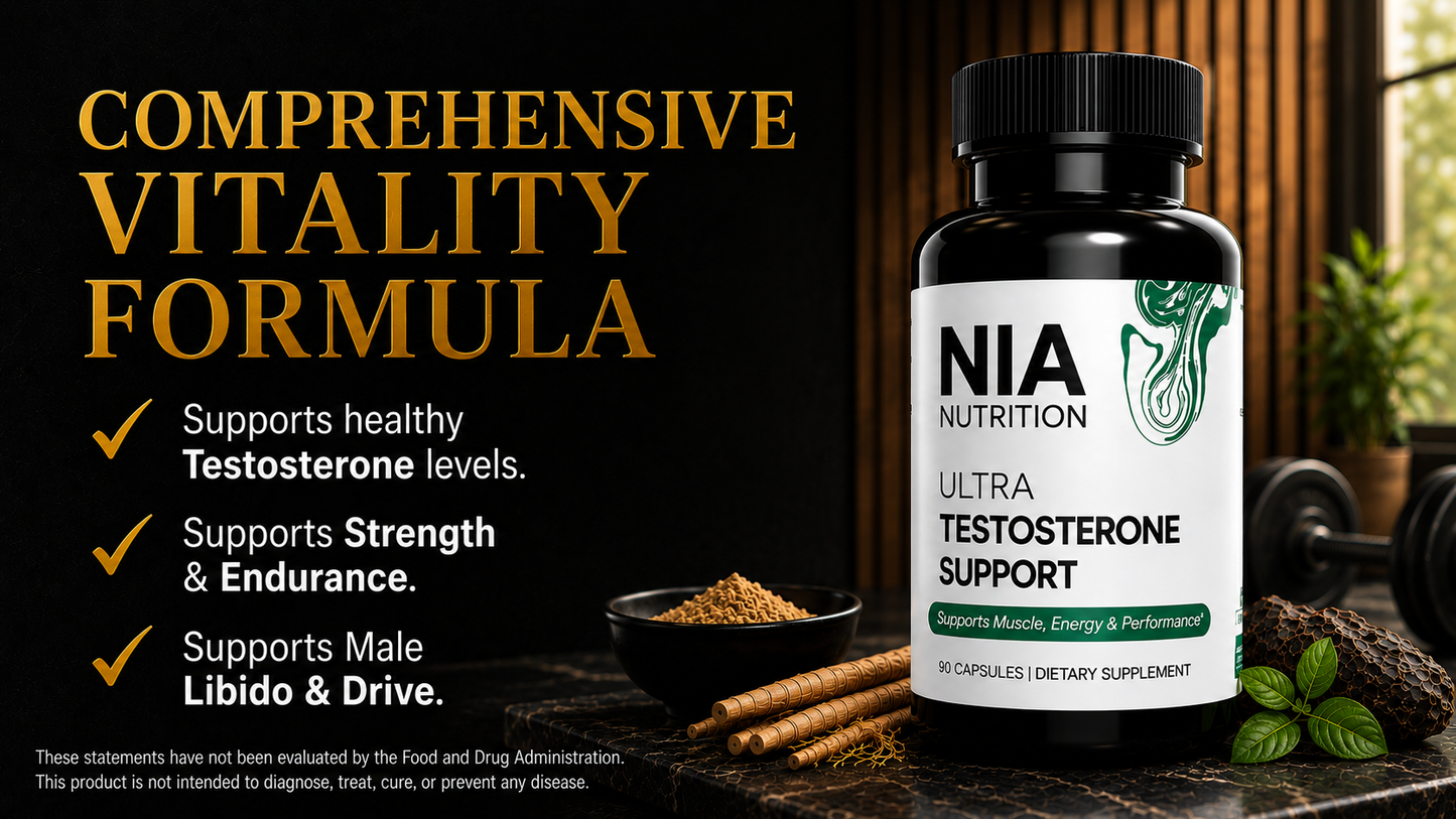 Nia Nutrition Ultra Testosterone Support supplement bottle, infographic displaying the daily performance benefits of Nia Nutrition, including optimized strength, energy, and vitality.