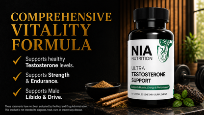 Nia Nutrition Ultra Testosterone Support supplement bottle, infographic displaying the daily performance benefits of Nia Nutrition, including optimized strength, energy, and vitality.