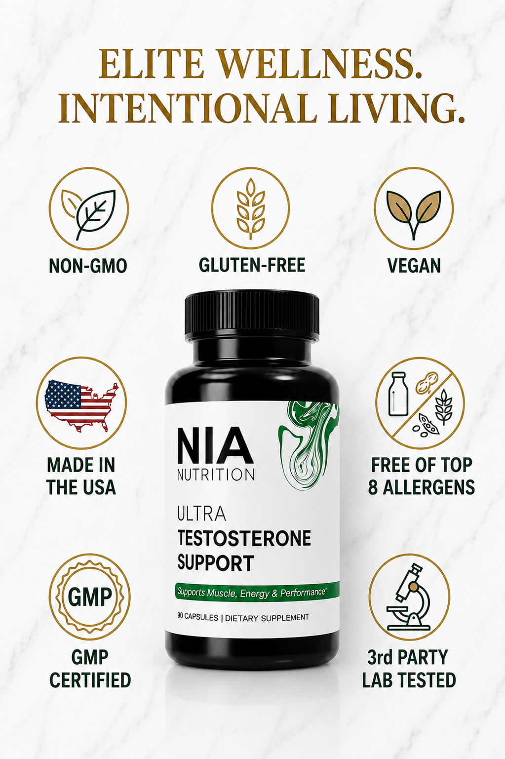 Nia Nutrition Ultra Testosterone Support supplement bottle, Testosterone Booster for men, on a clean, natural background Showing all its badges.