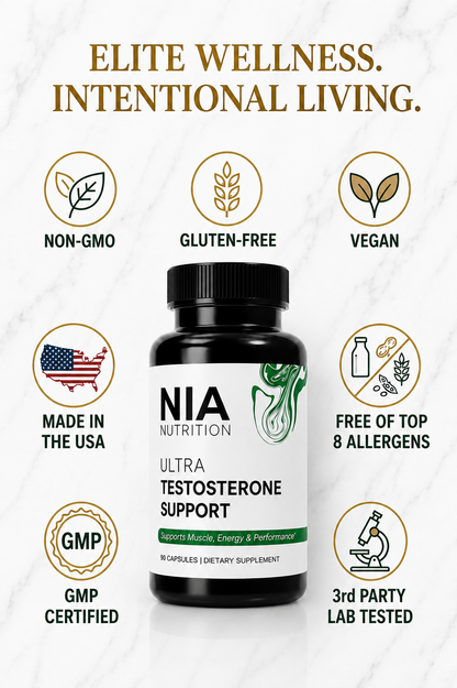 Nia Nutrition Ultra Testosterone Support supplement bottle, Testosterone Booster for men, on a clean, natural background Showing all its badges.