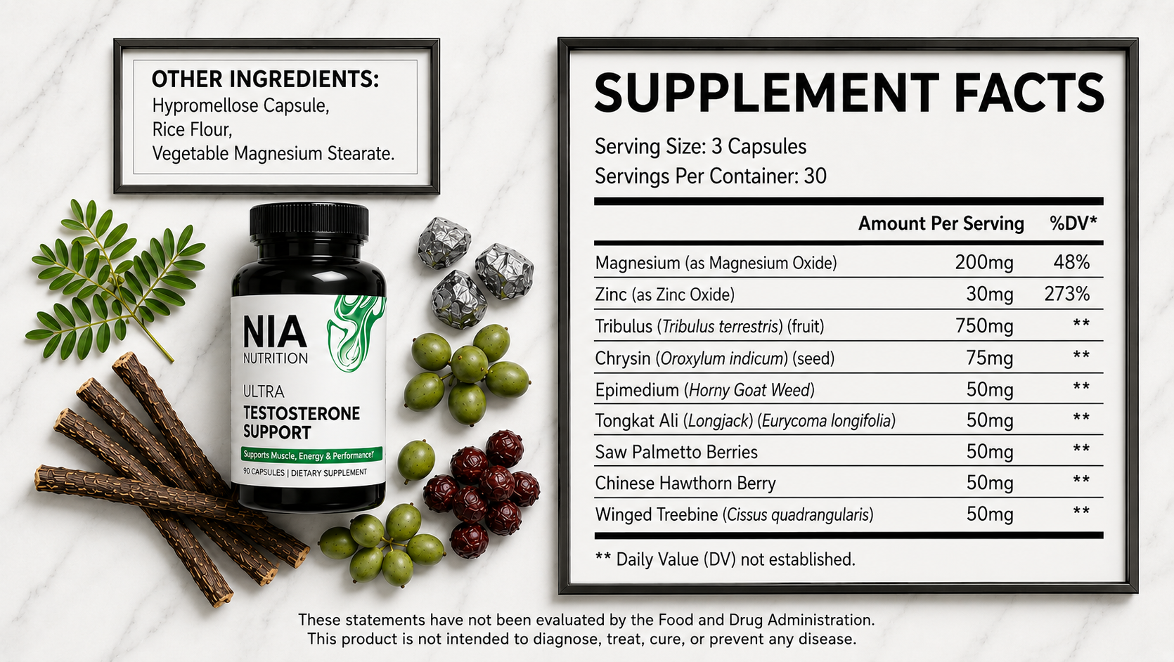 Nia Nutrition Ultra Testosterone Support supplement bottle, Testosterone Booster for men, on a clean, natural background. Supplement facts label for Nia Nutrition Ultra Testosterone Support showing non-GMO and gluten-free natural ingredients.