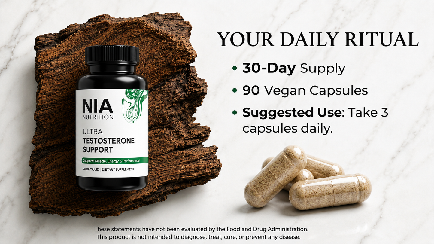 Nia Nutrition Ultra Testosterone Support supplement bottle on a clean, natural background showing daily ritual, 30-day supply, 90 vegan capsules and suggested use.