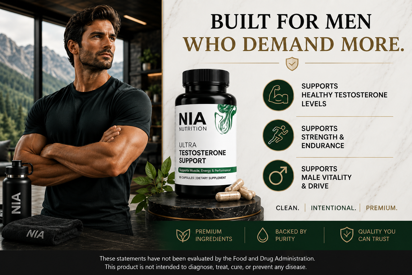 Infographic displaying the daily performance benefits of Nia Nutrition, including optimized strength, energy, endurance, drive and male vitality and healthy testosterone levels.